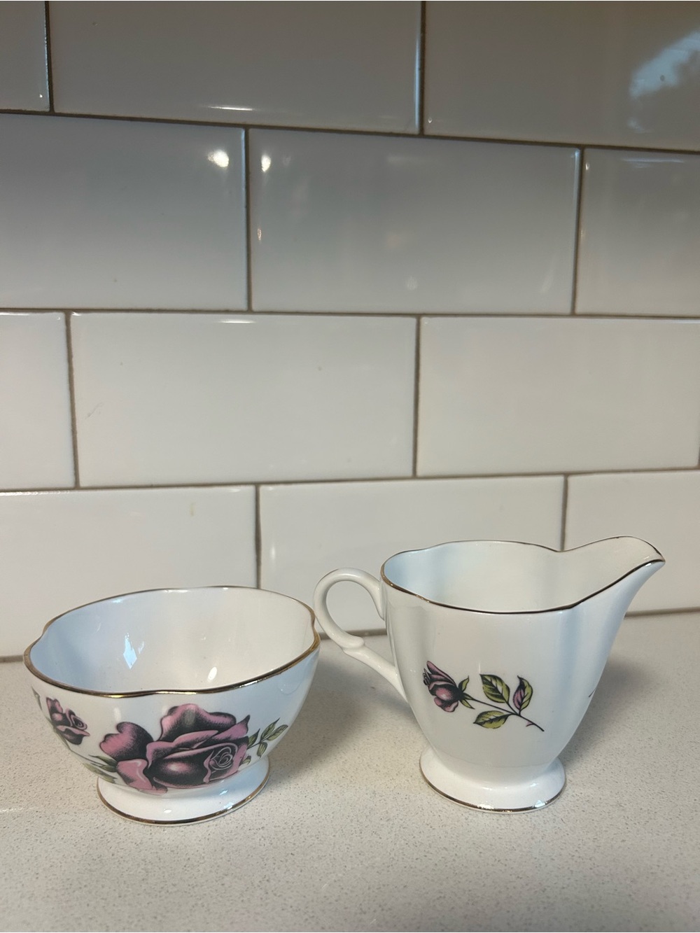 Antique Vintage Pink Rose Porcelain Creamer and Sugar Bowl Set made in England